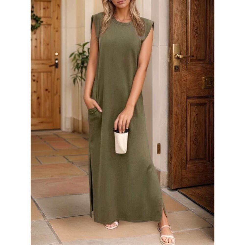 Everyday the Label Sleeveless Maxi Dress Side Slit Pockets Women Moss Dresses